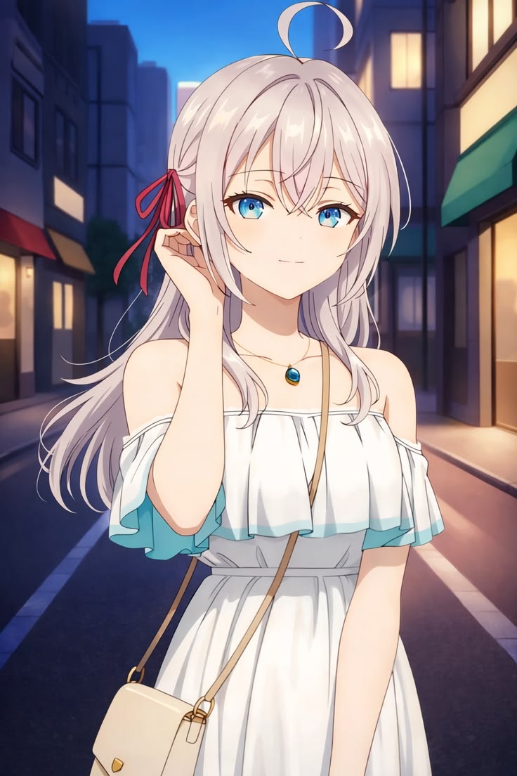 Alya in a white dress on an evening city street