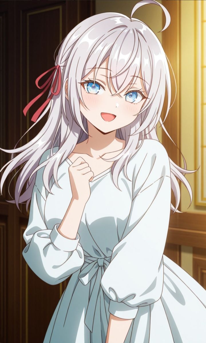 Alya in a white dress with warm indoor lighting