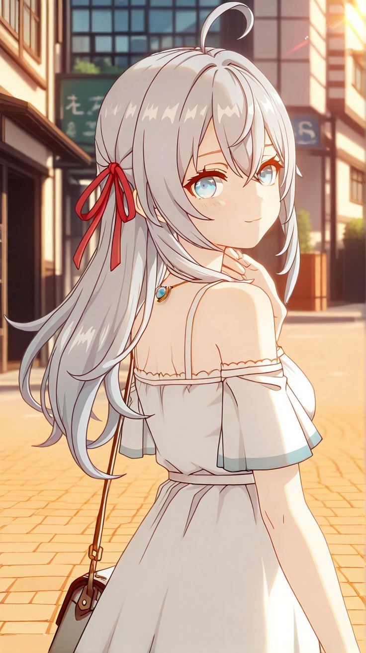 Alya looking back on a sunlit city street