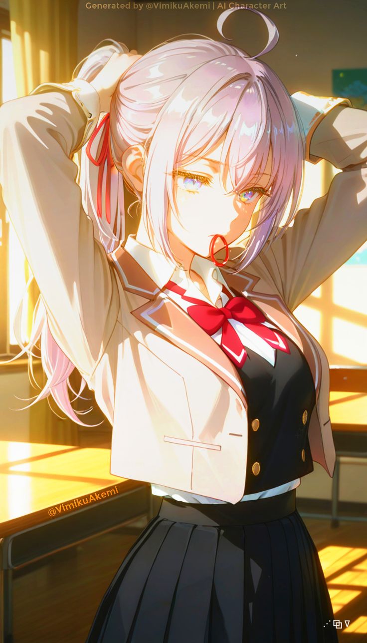 Alya in school uniform under warm classroom sunlight