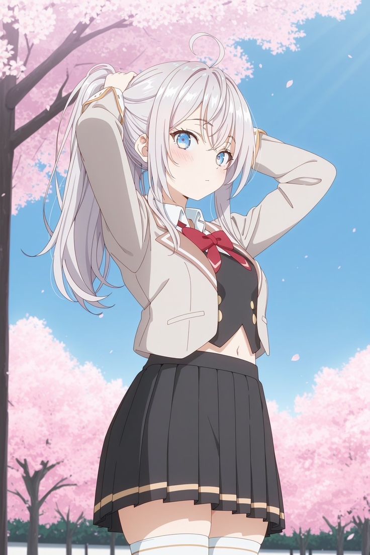 Alya in school uniform with sakura trees in the background