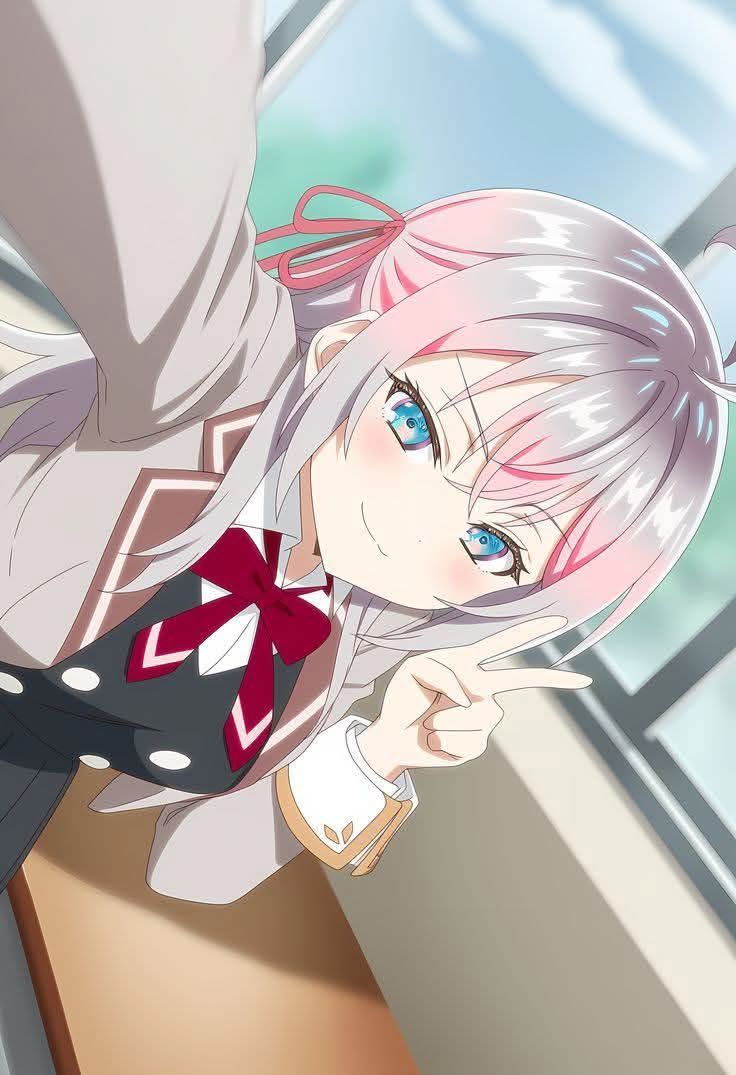 Alya taking a peace sign selfie in school uniform